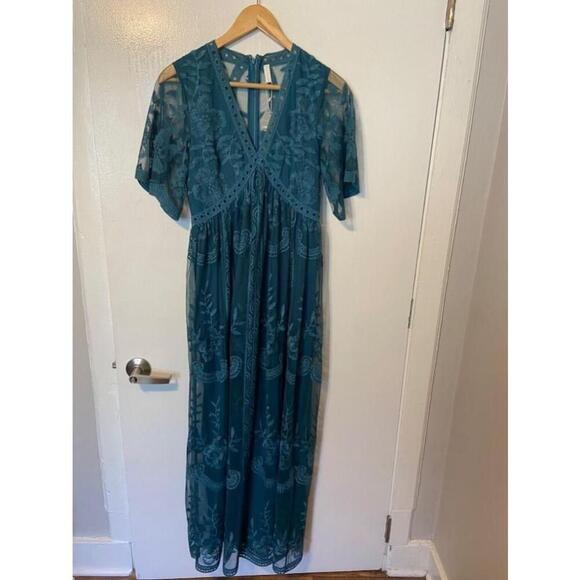 New with Tag Pink Blush Dark Turquoise Lace Mesh Overlay Maxi Dress Sz S (Flaw) - Picture 2 of 6